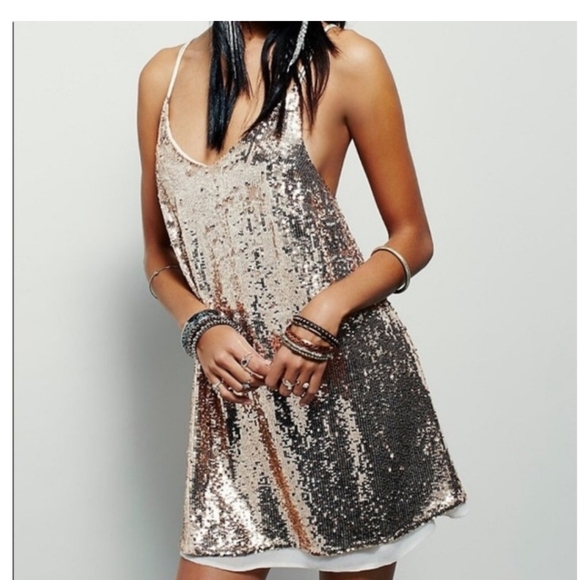 Free People Gold Sequin Mini Party Dress Size Small - Picture 1 of 6